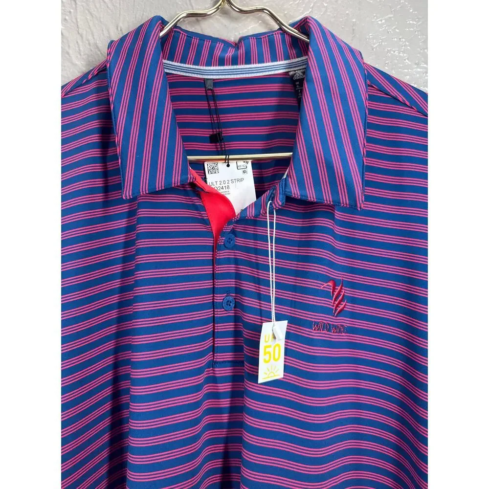 Adidas Wild Wings Country Club Pink Blue Stripe UPF 50 Polo Shirt‎ Mens Size XL